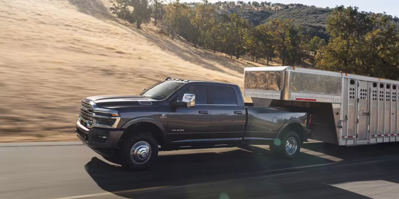 Heavy-duty pickup truck towing a livestock trailer.